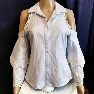 Johnathan Simkhai Blue Stripe Cold Shoulder Button Front Boho Sleeve Blouse